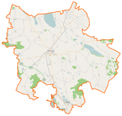 Mapa konturowa powiatu pyrzyckiego, po prawej znajduje się punkt z opisem „Ogród Dendrologiczny w Przelewicach”