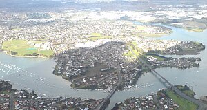 Pakuranga, looking east (the suburb is the "peninsula"-shape on the far side of the Tamaki River)