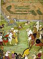 Image 17A miniature from Padshahnama depicting the surrender of the Shia Safavid garrison of Kandahar in 1638 to the Mughal army of Shah Jahan commanded by Kilij Khan. (from History of Afghanistan)