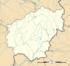 Mapa konturowa Corrèze, na dole nieco na lewo znajduje się punkt z opisem „Chauffour-sur-Vell”