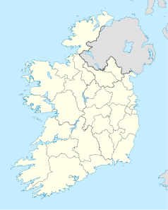 Mapa konturowa Irlandii, blisko centrum na prawo u góry znajduje się punkt z opisem „Monaghan”