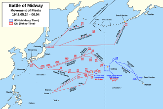 Mapa severozápadního Tichomoří s čarami vyznačenými pohyby japonských a amerických sil.