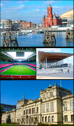 Clockwise from top: Cardiff Bay, the Senedd, Cardiff University and the Millennium Stadium