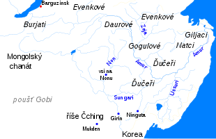 Mapa Zabajkalska a Poamuří s uvedenými jmény kmenů a státních celků necházejících se v regionu. A sice Burjati a Evenkové v Zabajkalí, Dauři, Gogulové, Ďučeři, Natci a Giljaci od horního k dolnímu toku Amuru a Evenkové severně od Amuru. Ze států jsou uvedeny říše Čching (v jižním Mandžusku), Mongolský chanát (východní Mongolsko) a Korea (její severovýchodní cíp).