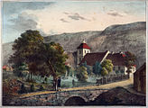 Steinbru ved Gamlebyen kirke i Gamlebyen Litografi: Peter Frederik Wergmann (1802–1869)/Oslo Museum