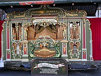 The Dutch street organ Australia Fair, viewed from the front on a street corner in Sydney, Australia