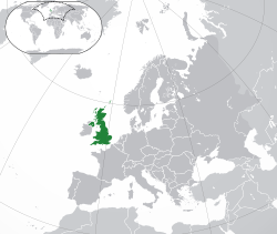 To øer nordvest for det kontinentale Europa. Fremhævet er den større ø og den nordøstlige femtedel af den mindre ø mod vest.