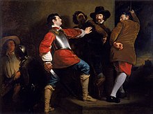 In a stone-walled room, several armed men physically restrain another man, who is drawing his sword.