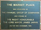 Plaque marking the opening of The Market Plaza by Lord Mayor James Jarvis on 3 December 1985.