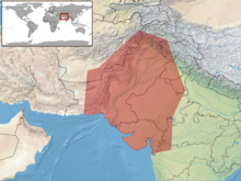 Carte où une aire colorée en rouge apparaît, englobant presque tout le Pakistan et une partie de l'Inde et de l'Afghanistan.