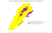 L'ensemble du pays, excepté les zones montagneuses des monts Liban et de l'Anti-Liban, est de climat méditerranéen (Csa), en montant en altitude on rencontre les climats supra-méditerranéen (Csb), puis continental à été tempéré (Dsb) et continental à été froid (Dsc).