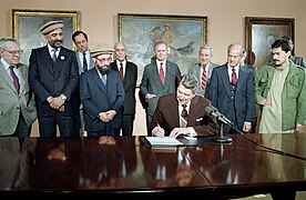 President Ronald Reagan at the signing ceremony for Proclamation 5621.jpg