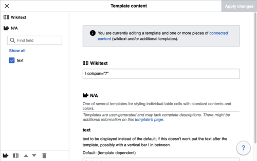 Screenshot of the interface to edit multi-part template content in the VisualEditor