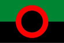 Drapeau constitué de deux bandes horizontales, l'une verte (en haut), l'autre noire. Au centre, un cercle rouge entoure un disque noir.