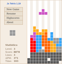 Vue d'une partie de Tetris, où les 4 lignes inférieurs sont grisées