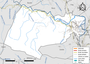 Carte en couleur présentant le réseau hydrographique de la commune