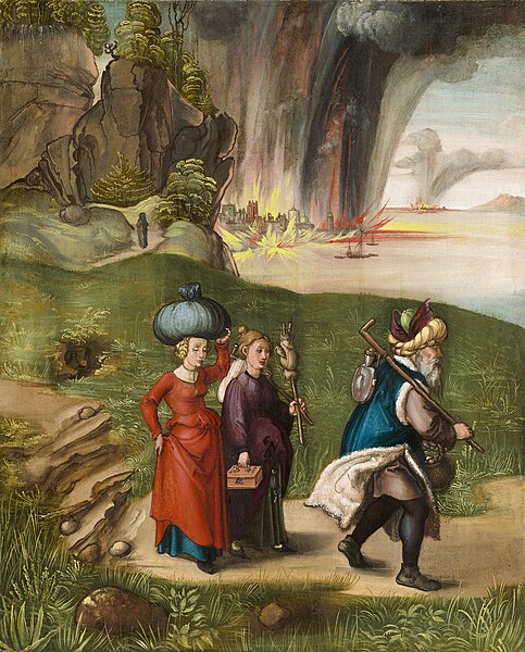 Albrecht Dürer's Lot's Flight, the reverse of the Haller Madonna. People on a low-salt diet should not look at the scene in the rear of the painting.