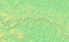 Mapa konturowa Beskidu Niskiego, u góry znajduje się czarny trójkącik z opisem „Magura Wątkowska”