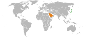 Mapa indicando localização da Japão e do Arábia Saudita.