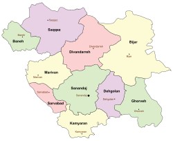 Location of Sanandaj County in Kurdistan province (center, green)