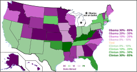 Chart of 50 states, showing state-by-state popular votes in the Democratic primaries and caucuses, shaded by percentage won. Popular vote winners and delegate winners differed in New Hampshire, Nevada, Missouri, Texas, and Guam.