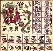 Page 12 of the Codex Borbonicus, (in the big square): Tezcatlipoca (night and fate) and Quetzalcoatl (feathered serpent); before 1500; bast fiber paper; height: 38 cm, length of the full manuscript: 142 cm; Bibliothèque de l'Assemblée nationale (Paris)