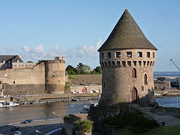 Olika platser i Brest. Från uppe till vänster Pont de Recouvrance, kyrktornet på Saint-Louis, gatan Saint-Malo, Abeille Bourbon, det amerikanska momumentet på Court Dajot, panorama från Pont de Recouvrance över Brests slott, Tour Tanguy, kyrkan Saint-Sauveur, bokhandeln Dialogues och Place de la Liberté.