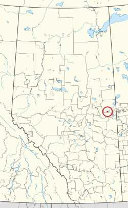 A map of the province of Alberta showing 80 counties and 145 small Indian reserves. One is highlighted with a red circle.