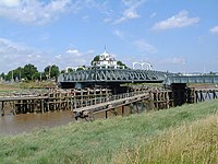 Cross Keys Bridge swing bridge on the Nene before the mouth of The Wash, built in 1897, in the village of Sutton Bridge, south Lincolnshire