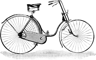 Damcykel, 1889. Notera kedjeskydd och stänkskärmar samt nätet over bakhjulet som skulle förhindra att de fladdrande kjolarna trasslade in sig eller smutsades ner. Notera även däckbromsen på framhjulet.