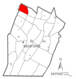 Map of Bedford County, Pennsylvania highlighting Pavia Township