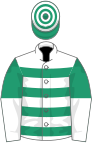 White, emerald green hoops, emerald green and white halved sleeves, emerald green and white hooped cap