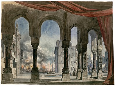 Set design for Act 5 of La reine de Chypre, by Charles-Antoine Cambon (restored by Adam Cuerden)