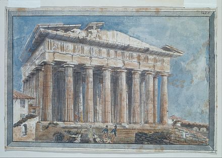 Aquarelle : temple antique, façade avec fronton