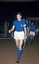 Giacinto Facchetti wearing the classic Italian uniform in 1968: blue shirt, white shorts and blue socks and the tricolour badge.