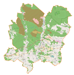 Mapa konturowa powiatu bolesławieckiego, na dole nieco na lewo znajduje się punkt z opisem „Nowogrodziec”