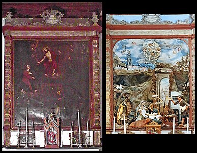 Retablo de la Porciúncula, con y sin el lienzo. Segunda imagen, belén popular que se exhibía en Navidad