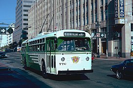 1950 Muni trolley coach 776 serving the 8 Market line on Market Street at 10th during the 1987 San Francisco Historic Trolley Festival.