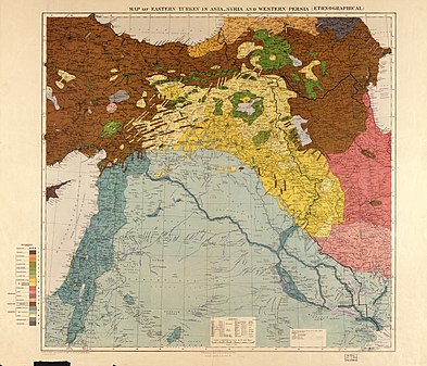 Ethnic groups in the Middle East shown in a pre-World War I British government map. The primary population of the region of Syria is described as "Arabs (settled)" and inland as "Arabs (nomadic)"