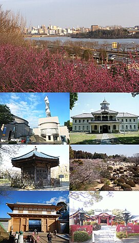 Baris Pertama: Pemandangan Danau Senba dan kawasan pusat Kota Mito Baris Kedua: Art Tower Mito, Ibaraki Prefectural Museum of History Baris Ketiga: Kōdōkan, Taman Kairaku-en Baris Keempat: Istana Mito, Mito Tōshō-gū (semua gambar dilihat dari kiri ke kanan)