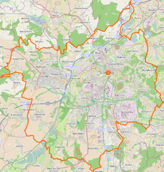 Mapa konturowa Ostrawy, blisko centrum na prawo u góry znajduje się punkt z opisem „Morawska OstrawaMoravská Ostrava”