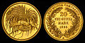 Image 15 German New Guinea Design credit: German New Guinea Company; photographed by the National Numismatic Collection German New Guinea was a German colonial protectorate established in 1884 in the northeastern part of the island of New Guinea and several nearby island groups. The German New Guinea Company was founded in Berlin by Adolph von Hansemann and a syndicate of German bankers for the purpose of colonizing and exploiting the protectorate's resources. This gold coin, worth 20 New Guinean marks, was issued by the German New Guinea Company in 1895, and is now part of the National Numismatic Collection at the Smithsonian Institution.