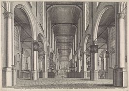 Prent naar een tekening van Lepelaer van het interieur van de Sint-Janskerk te Gouda