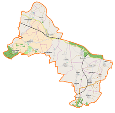 Mapa konturowa gminy Żukowice, po lewej nieco u góry znajduje się punkt z opisem „Pałac w Kromolinie”