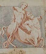 Drawing of a man fighting a centaur.