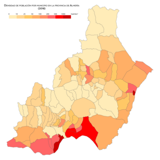 Mapa de densidad de población por municipios de la provincia de Almería