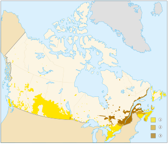 The Bilingual Belt. In most of Canada, either English or French is predominant. Only in the intermittent “belt” stretching between northern Ontario and northern New Brunswick, and in a few other isolated pockets, do the two languages mix on a regular basis.   English   English and French (Bilingual Belt)   French   Sparsely populated areas (< 0.4 persons per km2)