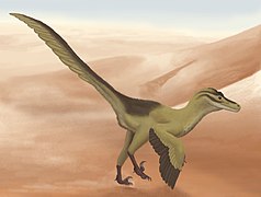 Reconstrucción de la vida de Linheraptor en su árido hábitat desértico.