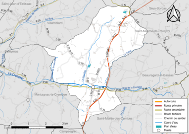 Carte en couleur présentant le réseau hydrographique de la commune