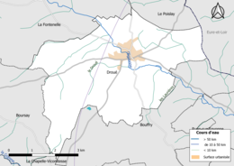 Carte en couleur présentantle réseau hydrographique de la commune